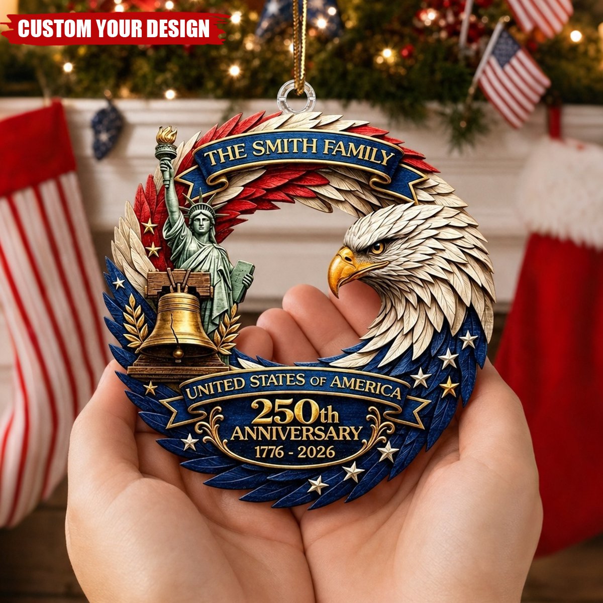Personalized Family Name USA 250th Anniversary Patriotic Eagle Wreath Acrylic Christmas Ornament