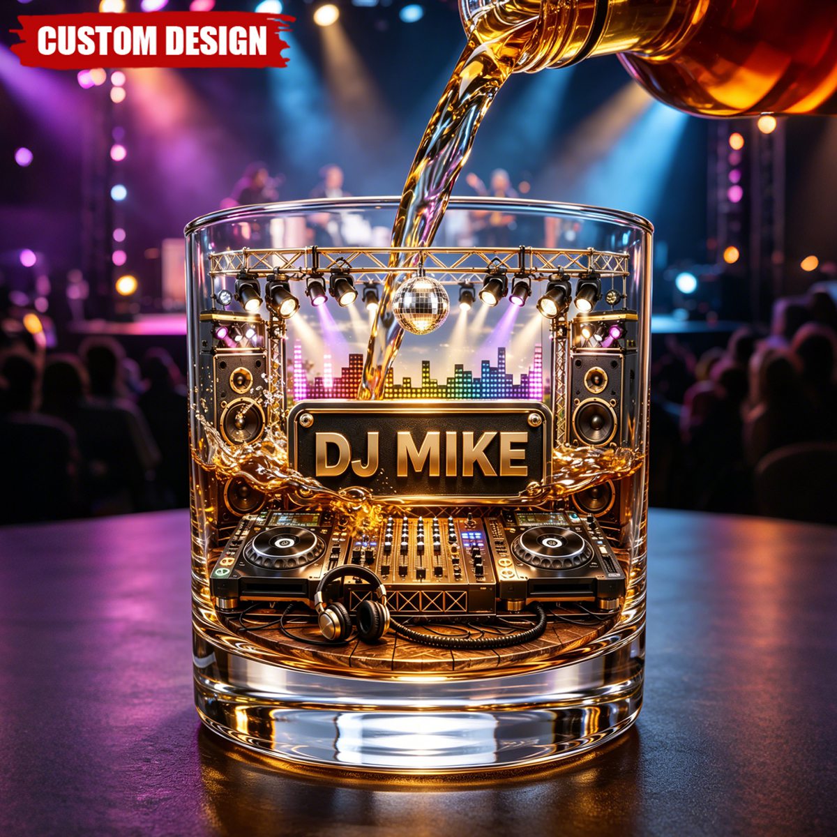 Custom DJ Name Stage Turntable Whiskey Glass - Personalized DJ Rocks Glass Gift
