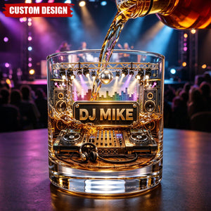 Custom DJ Name Stage Turntable Whiskey Glass - Personalized DJ Rocks Glass Gift