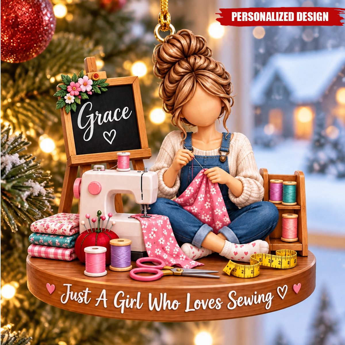 Personalized Sewing Girl Acrylic Christmas Ornament - Custom Name Gift for Sewing Lovers