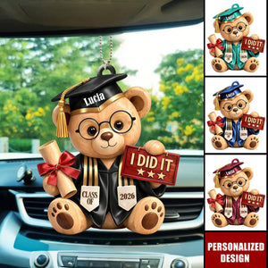 Personalized Graduation Bear Car Hanging Ornament – Custom Name "I Did It" Graduation Gift