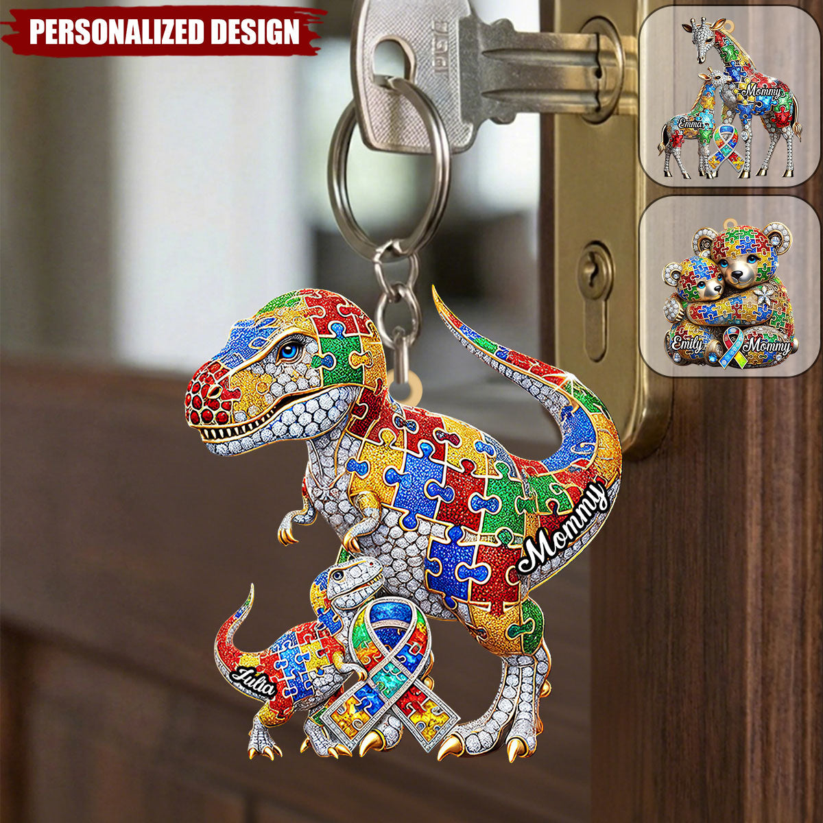 Custom Name Bear/Dinosaur/Giraffe Autism Awareness Keychain