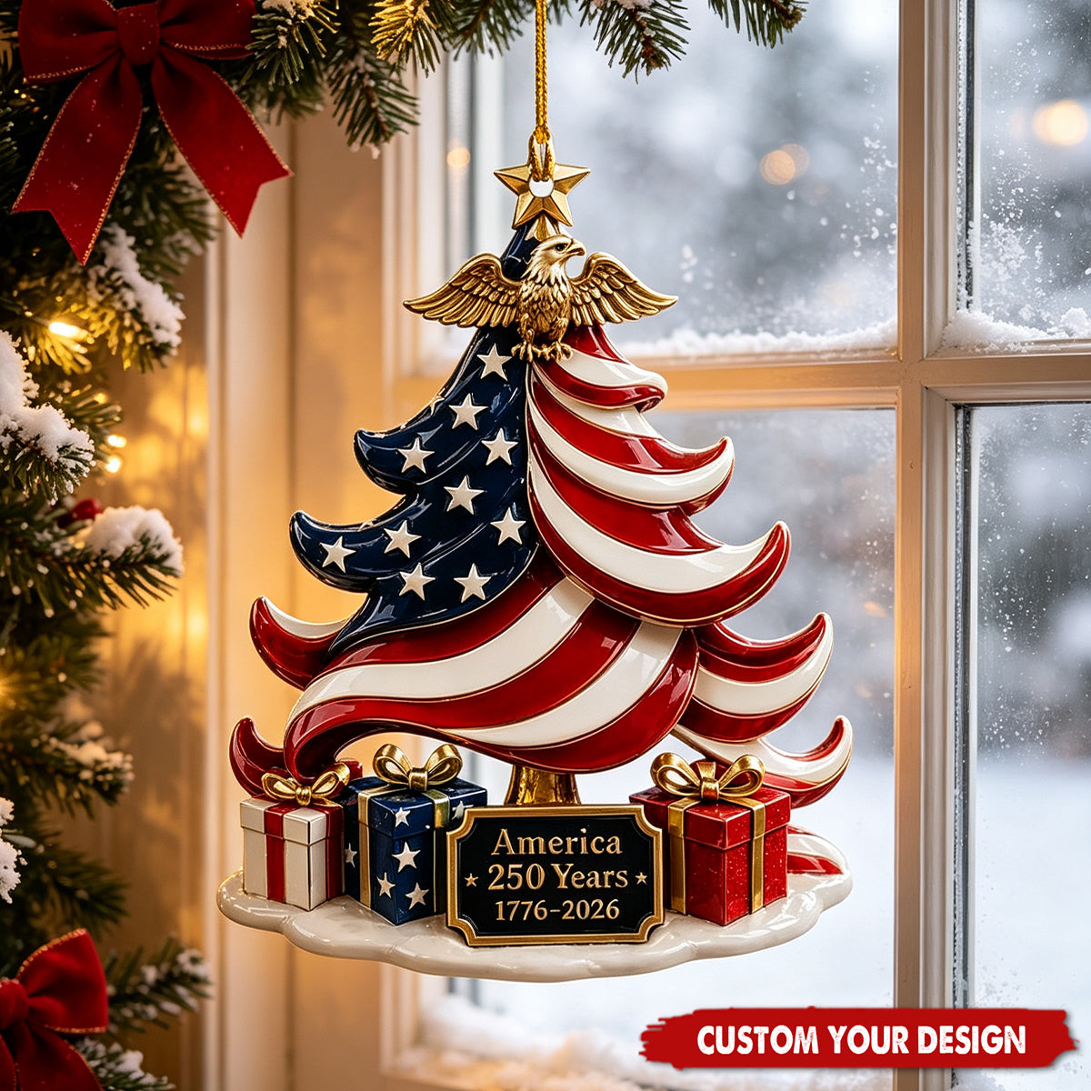 Custom Text US Flag Christmas Tree Ornament, America 250th Anniversary Acrylic Hanging Decor