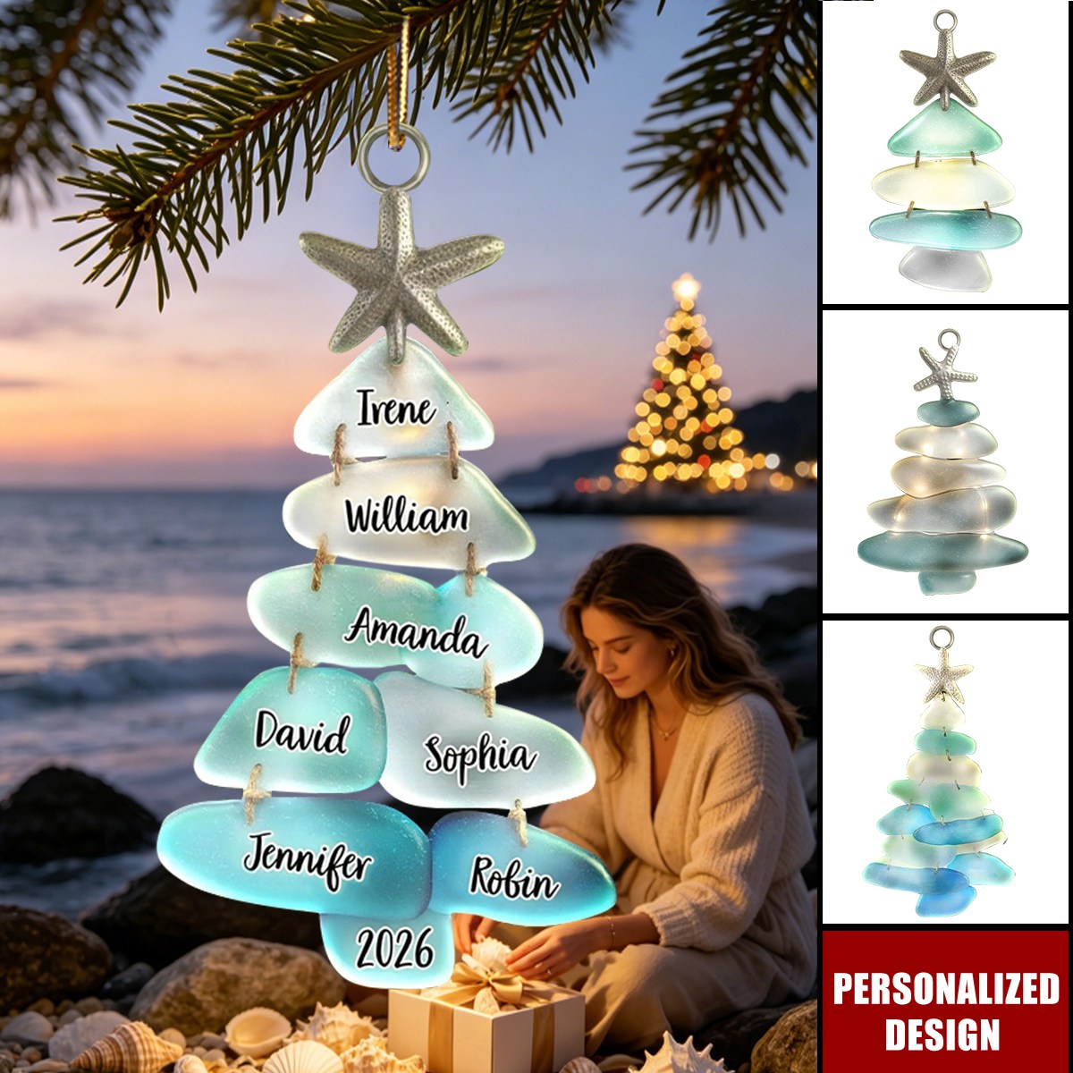 Personalized Sea Glass Tree Ornament Christmas Gift - Custom Names & Year