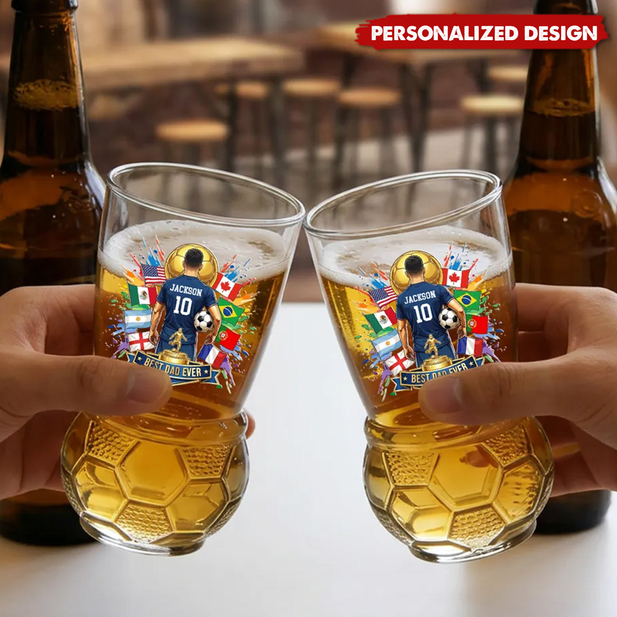 Personalized Best Dad Ever Soccer Beer Glass - Custom Name Number