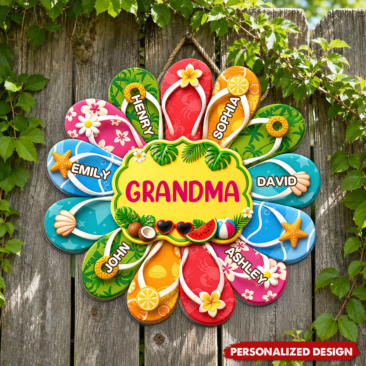Personalized Grandma Summer Flip Flop Door Hanger - Custom Grandkids Name Tropical Wall Sign