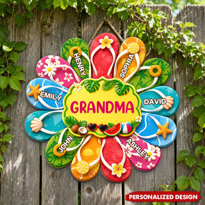 Personalized Grandma Summer Flip Flop Door Hanger - Custom Grandkids Name Tropical Wall Sign
