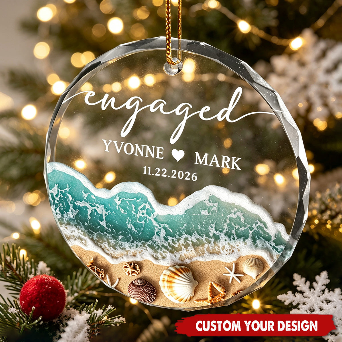 Personalized Beach Engaged Glass Ornament Custom Couple Names Date Coastal Christmas Decor