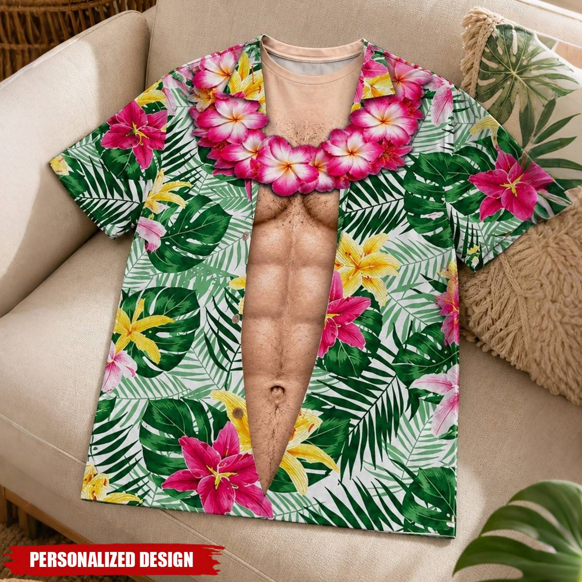 Personalized Optical Illusion Open Hawaiian Floral Shirt & Muscular Abs Men’s T-Shirt