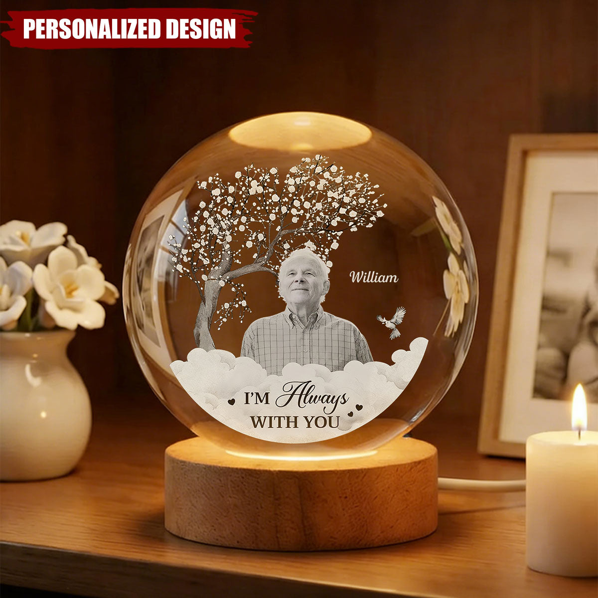 Personalized Photo Crystal Ball Lamp - Memorial Gift for Loss of Loved One