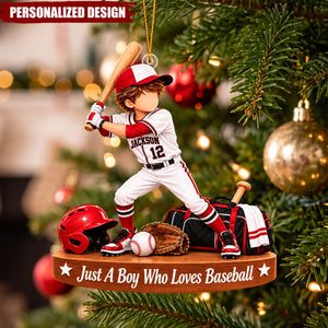 Personalized Young Baseball Player Acrylic Ornament - Custom Jersey Number Christmas Tree Decor