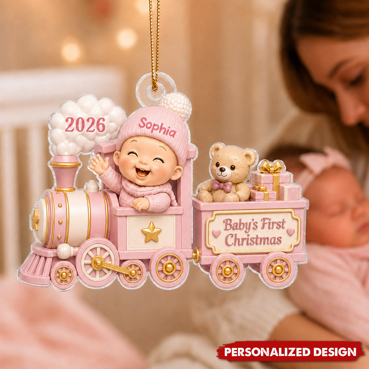 Personalized Baby’s First Christmas Train Acrylic Ornament - Custom Baby Name & Year