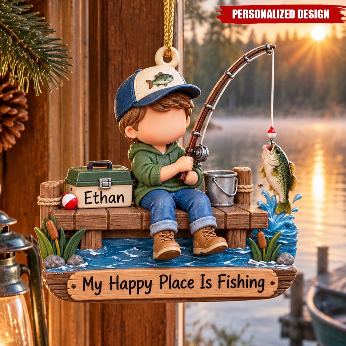 Personalized Fishing Boy Acrylic Christmas Ornament - Custom Name Fisherman Gift