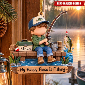Personalized Fishing Boy Acrylic Christmas Ornament - Custom Name Fisherman Gift