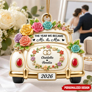 Personalized Multicolor Rose Vintage Wedding Car Flat Acrylic Ornament