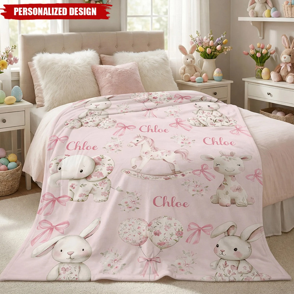 Personalized Pink Floral Baby Blanket - Custom Name Cute Animal Print for Girls
