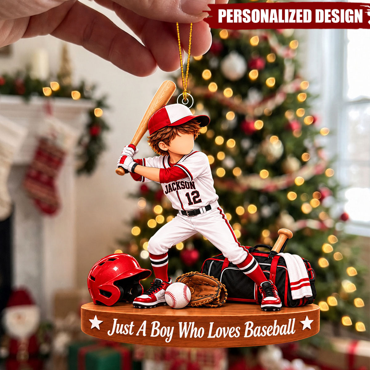 Personalized Young Baseball Player Acrylic Ornament - Custom Jersey Number Christmas Tree Decor
