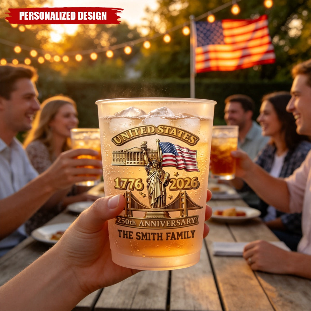 Personalized 250th Anniversary USA Cups - Custom Family Name 4th of July Gift
