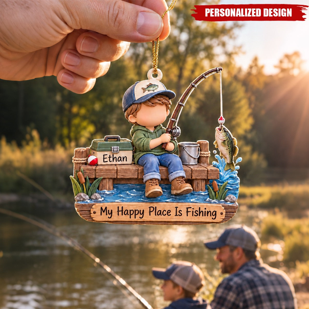 Personalized Fishing Boy Acrylic Christmas Ornament - Custom Name Fisherman Gift