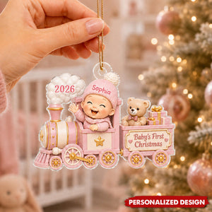 Personalized Baby’s First Christmas Train Acrylic Ornament - Custom Baby Name & Year