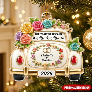 Personalized Multicolor Rose Vintage Wedding Car Flat Acrylic Ornament