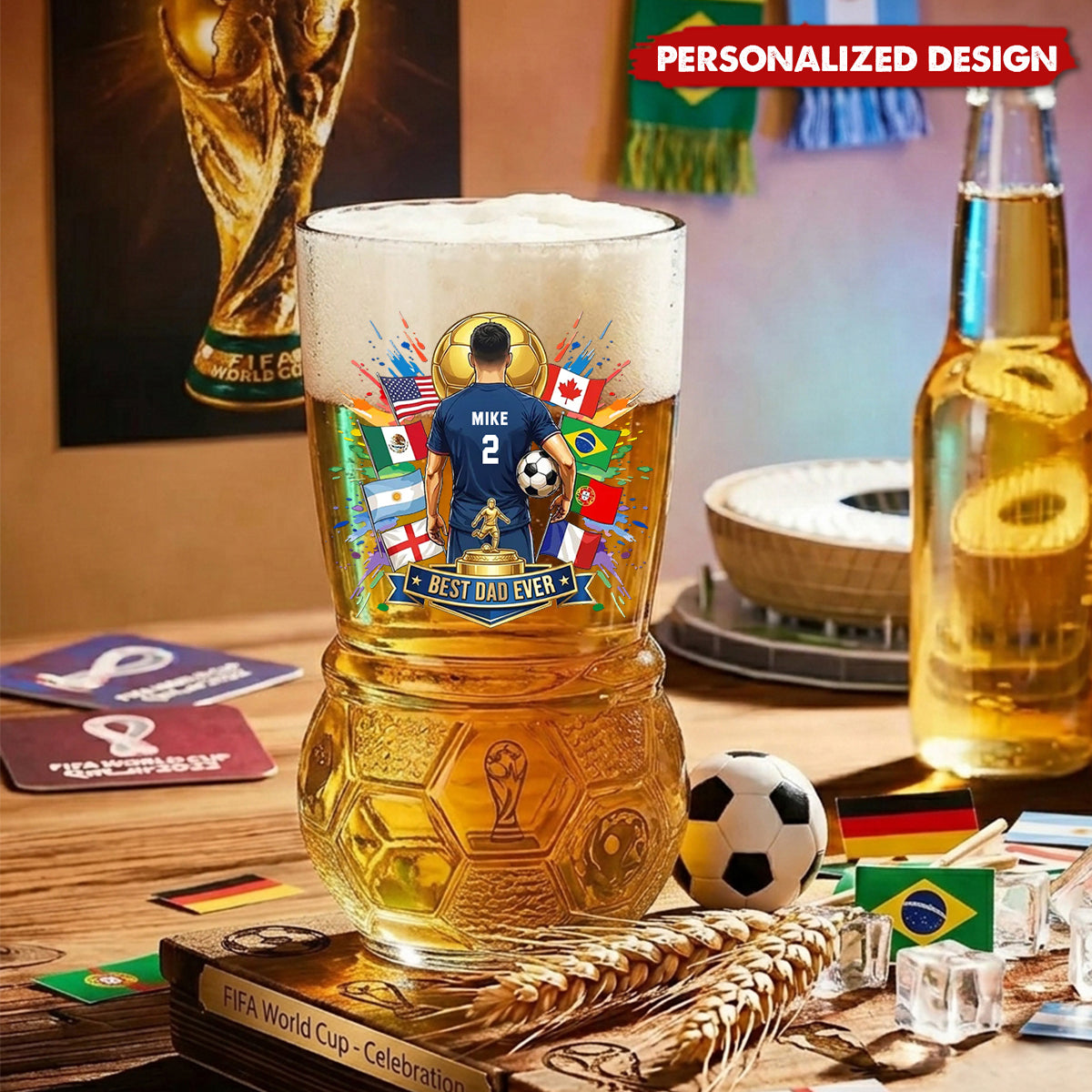 Personalized Best Dad Ever Soccer Beer Glass - Custom Name Number