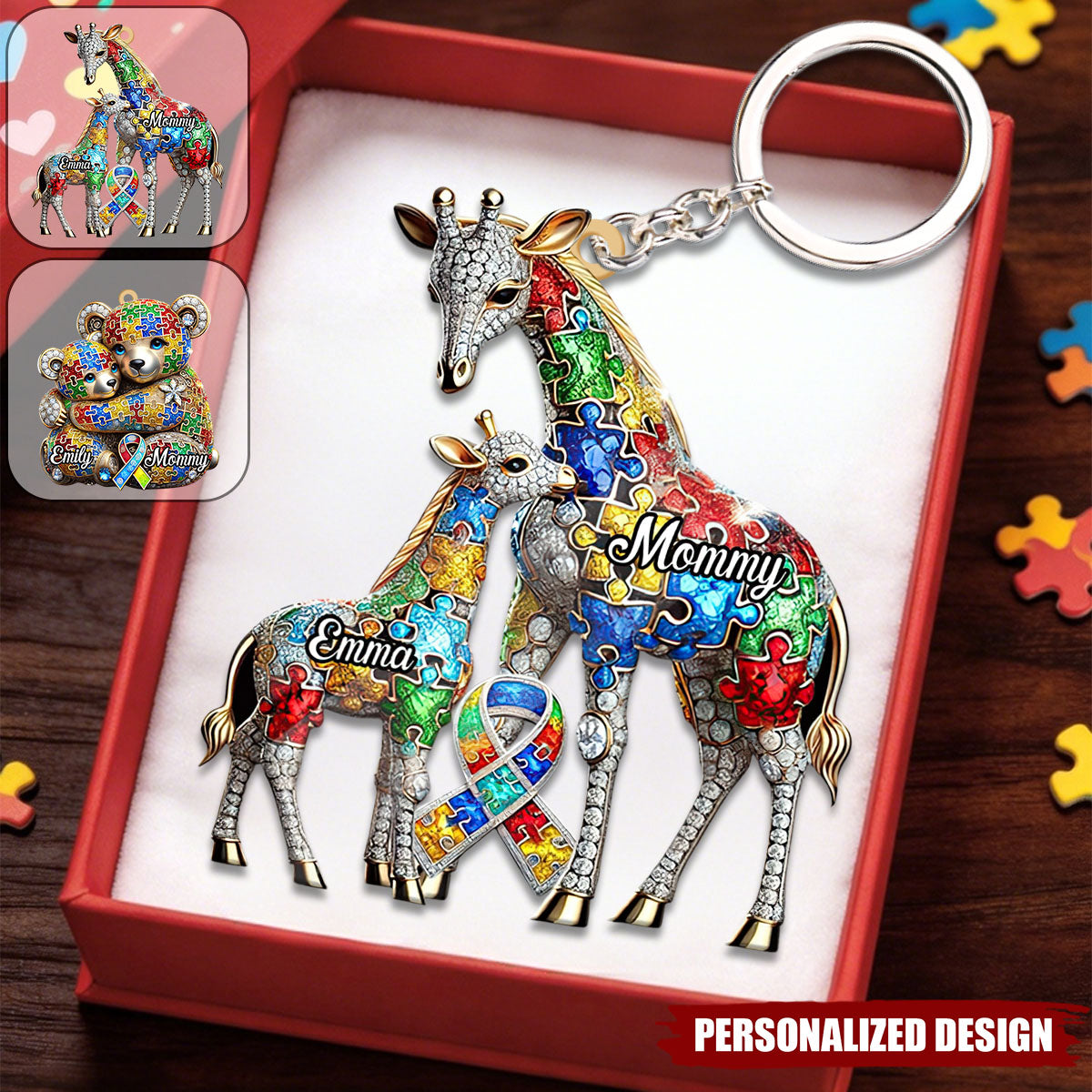 Custom Name Bear/Dinosaur/Giraffe Autism Awareness Keychain