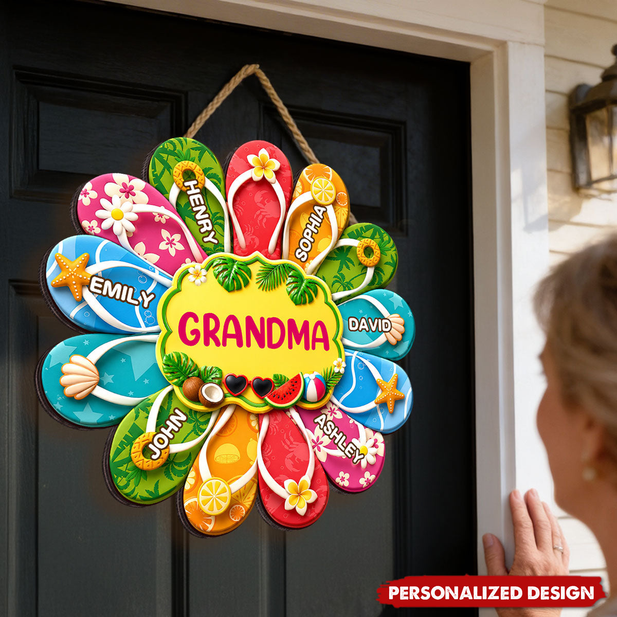 Personalized Grandma Summer Flip Flop Door Hanger - Custom Grandkids Name Tropical Wall Sign