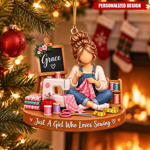Personalized Sewing Girl Acrylic Christmas Ornament - Custom Name Gift for Sewing Lovers