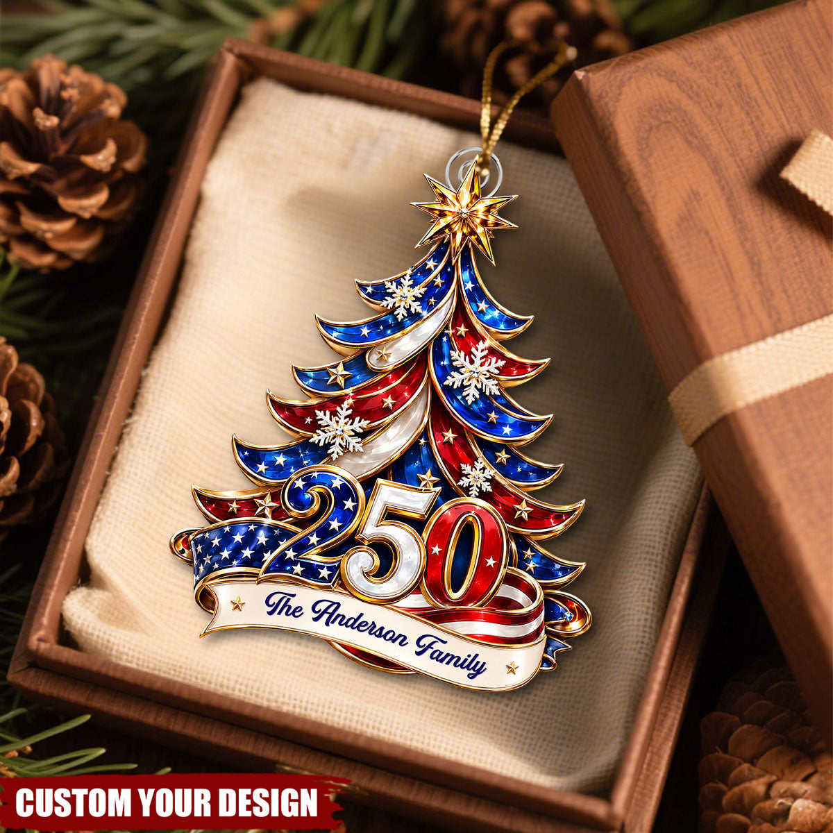 Personalized Patriotic USA Flag Christmas Tree Ornament Custom Family Name Year Acrylic Decor