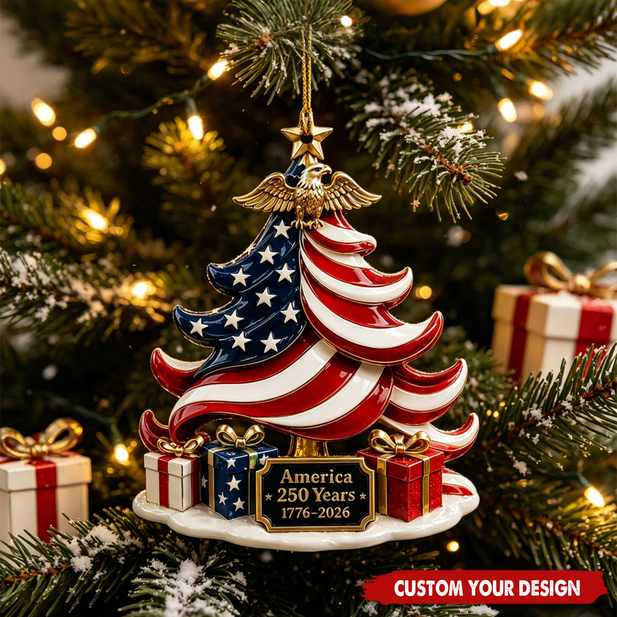 Custom Text US Flag Christmas Tree Ornament, America 250th Anniversary Acrylic Hanging Decor