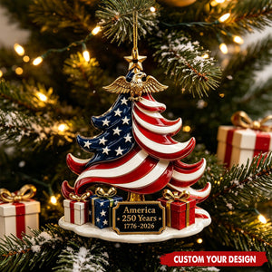 Custom Text US Flag Christmas Tree Ornament, America 250th Anniversary Acrylic Hanging Decor