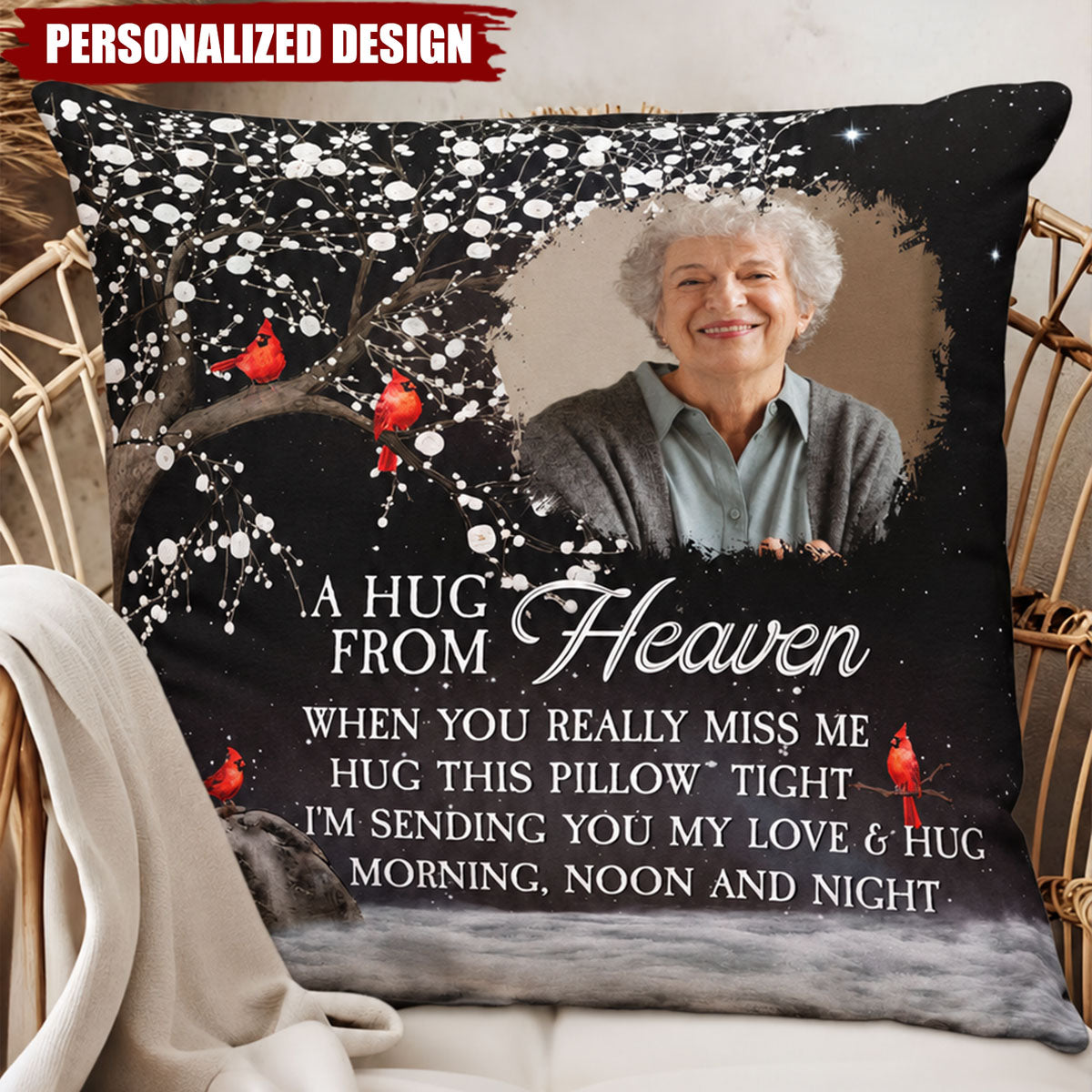 Personalized Photo Memorial Pillow - A Hug From Heaven Red Cardinal Sympathy Gift