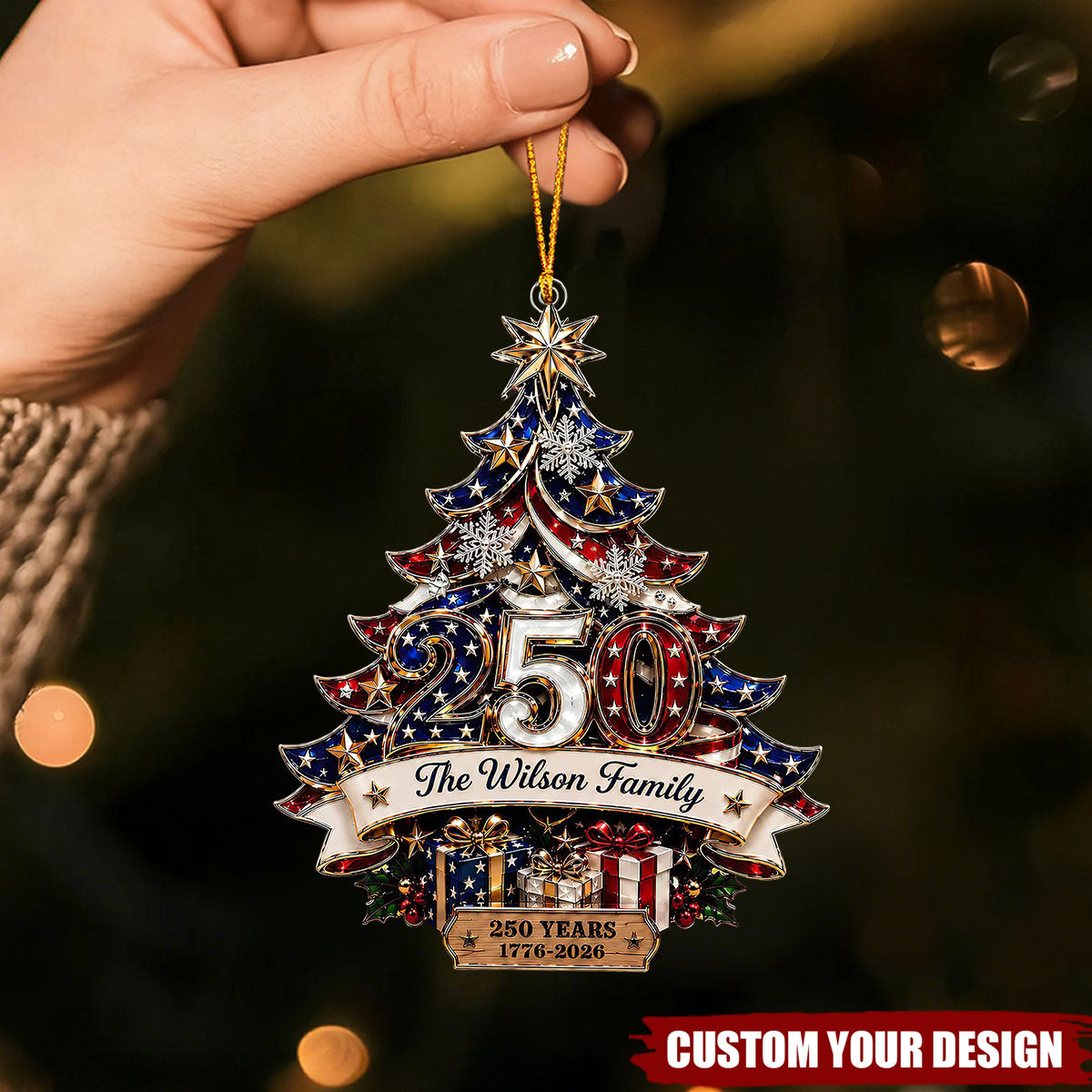 Custom Family Name USA 250th Anniversary Patriotic Christmas Tree Acrylic Ornament