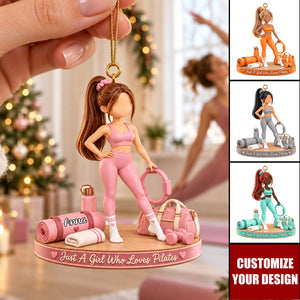 Personalized Pilates Lover Girl Acrylic Christmas Ornament - Custom Name Pilates Enthusiast Keepsake