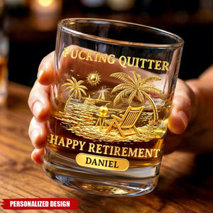 Personalized Name "Happy Retirement" Whiskey Glass - Gold Beach Scene
