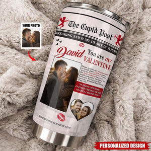 Personalized "The Cupid Post" Newspaper Valentine Tumbler — Custom Photo & Name