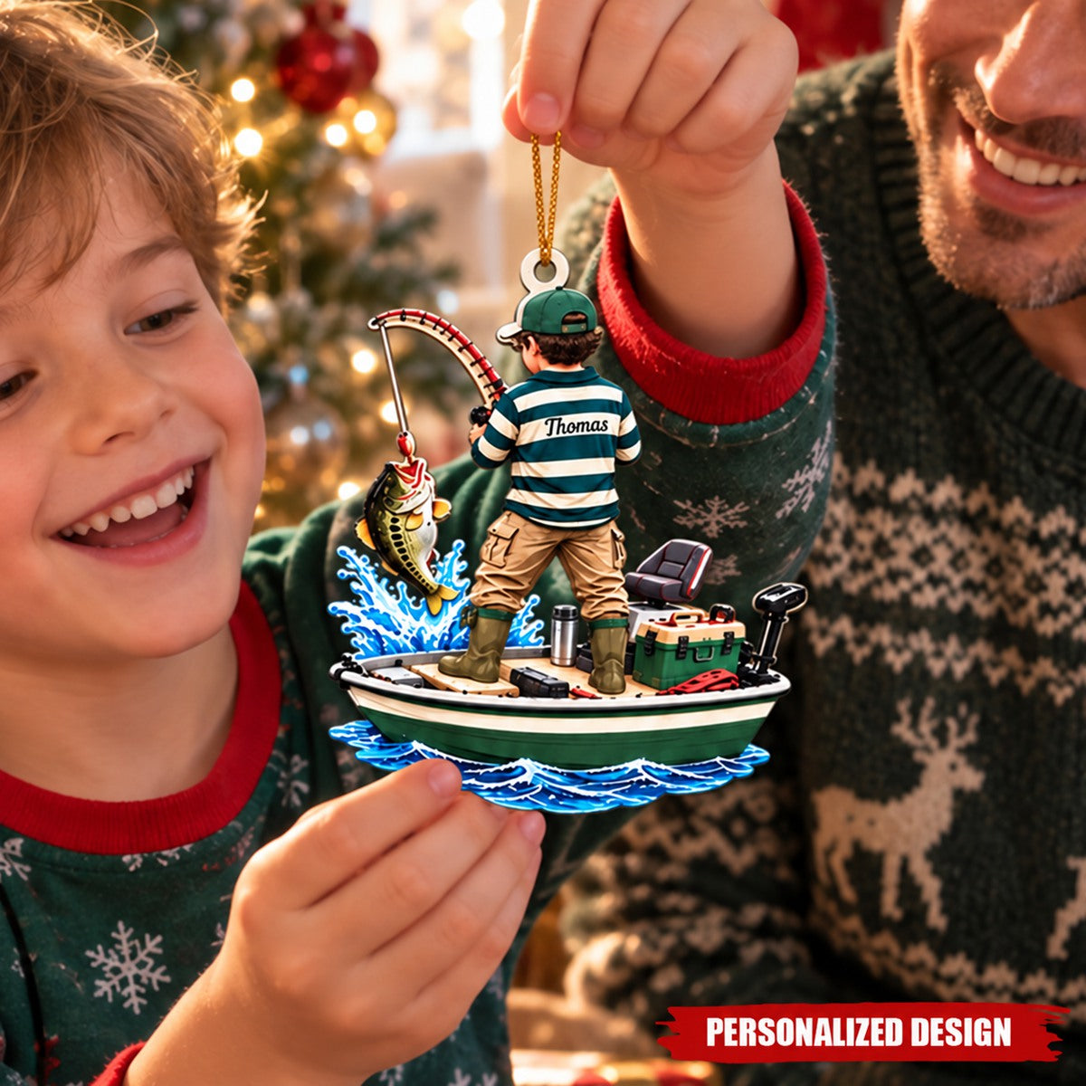 Personalized Boy Fishing On Boat Acrylic Christmas Ornament - Custom Name Fisherman Gift