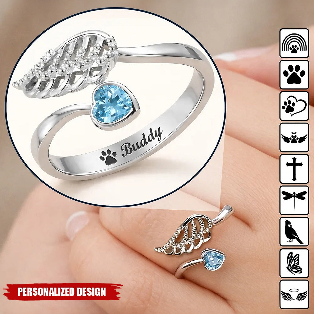 Personalized Wing And Heart Birthstone Ring - Remembering Loved One & Pet