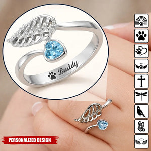 Personalized Wing And Heart Birthstone Ring - Remembering Loved One & Pet