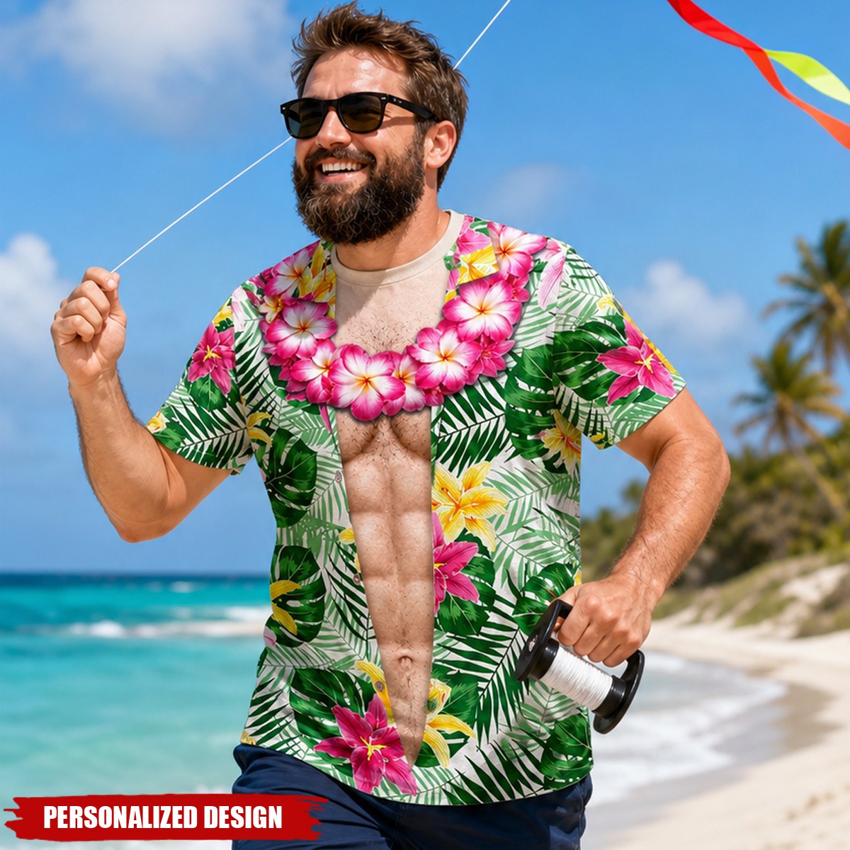 Personalized Optical Illusion Open Hawaiian Floral Shirt & Muscular Abs Men’s T-Shirt