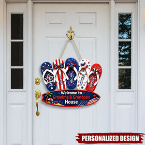 Personalized Patriotic Flip Flop USA Flag Welcome Door Sign