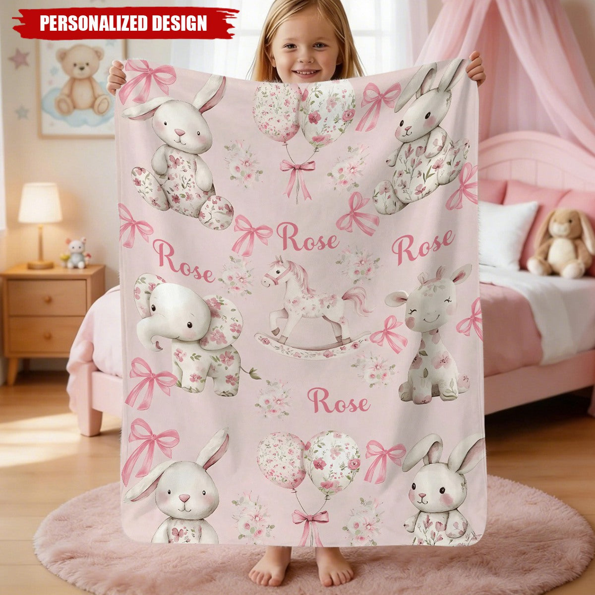 Personalized Pink Floral Baby Blanket - Custom Name Cute Animal Print for Girls
