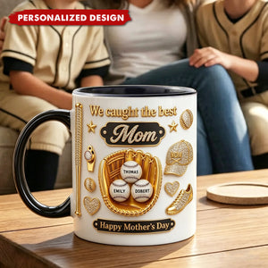 Personalized Baseball We Caught The Best Mom Mug - Custom Kids Names Mother's Day Gift