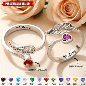 Personalized Wing And Heart Birthstone Ring - Remembering Loved One & Pet