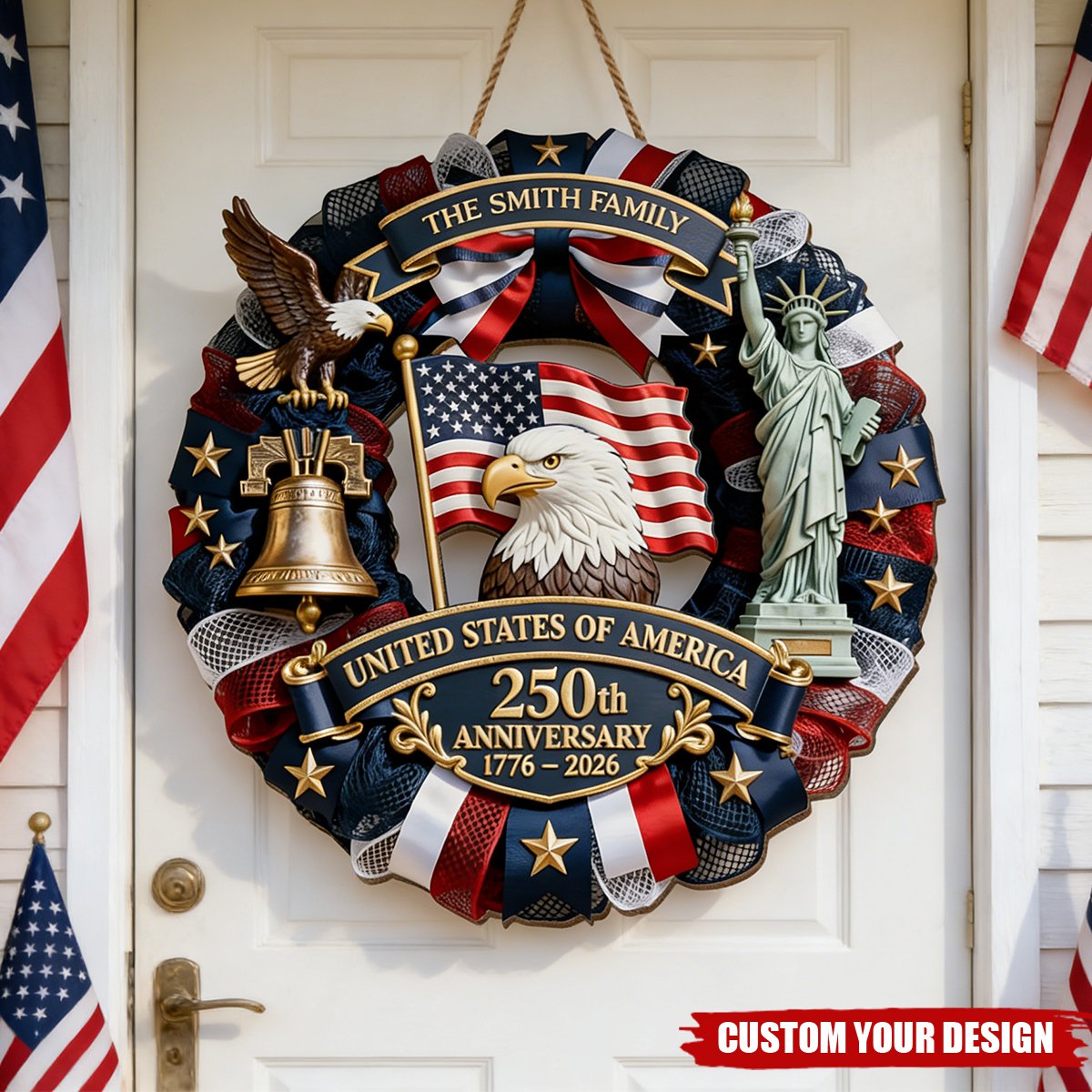 Custom USA 250th Anniversary Patriotic Wreath – Personalized Family Door Decor