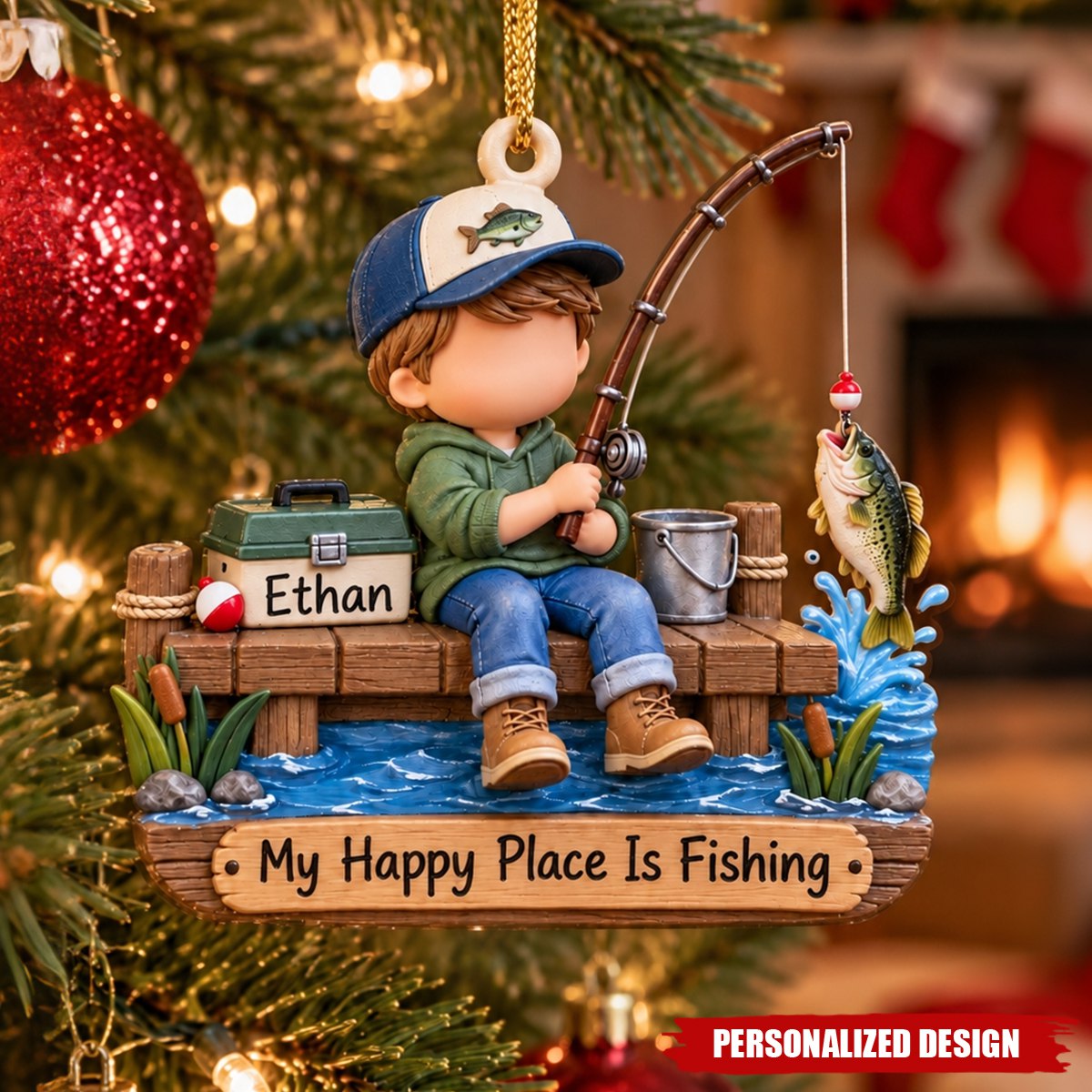Personalized Fishing Boy Acrylic Christmas Ornament - Custom Name Fisherman Gift