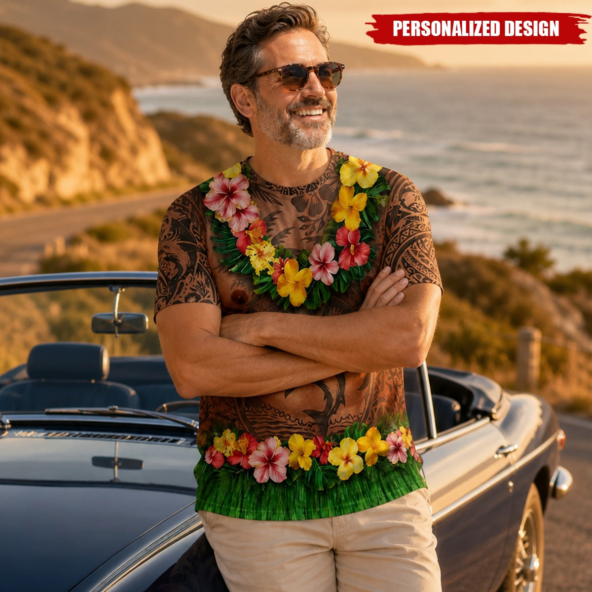 Personalized Optical Illusion Hawaiian Luau Shark Tribal Tattoo Torso Men’s Novelty T-Shirt
