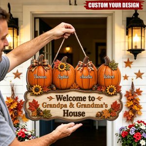 Personalized Fall Pumpkin Welcome Door Sign - Halloween Gift, Autumn Harvest Gift