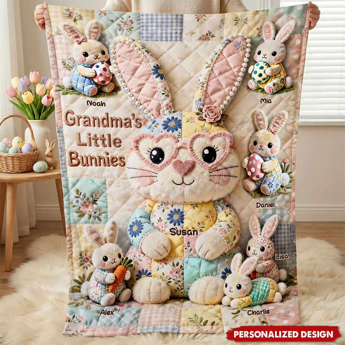 Personalized Grandma's Little Bunnies Blanket - Custom Grandkid Names Easter Bunny Blanket